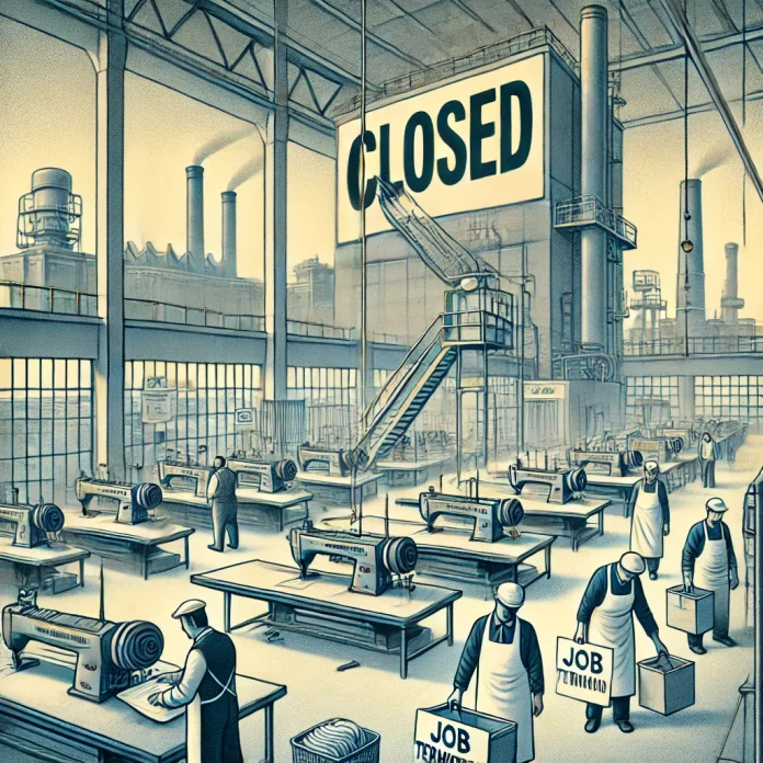 An illustration depicting a textile factory with machines running idle, workers packing their personal belongings, and a few workers holding signs abo 2 Tahun Terakhir Industri Tekstil Terpaksa Lakukan PHK Massal, 60 Perusahaan Ini Tutup dan PHK Karyawan