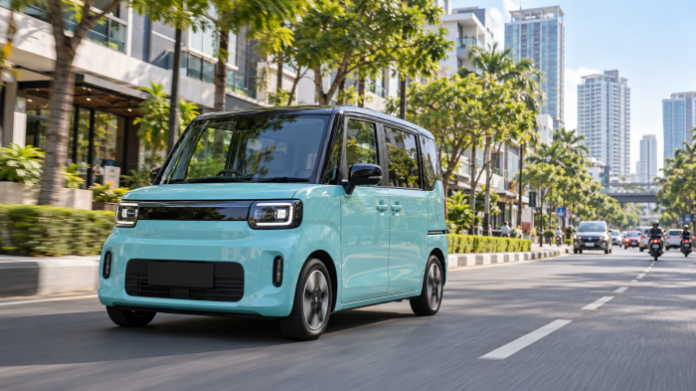 Turquoise electric microvan in Indonesian streets(1) BYD Kaji Racco Masuk Indonesia, Mobil Listrik Mungil Ini Bisa Jadi Andalan Perkotaan
